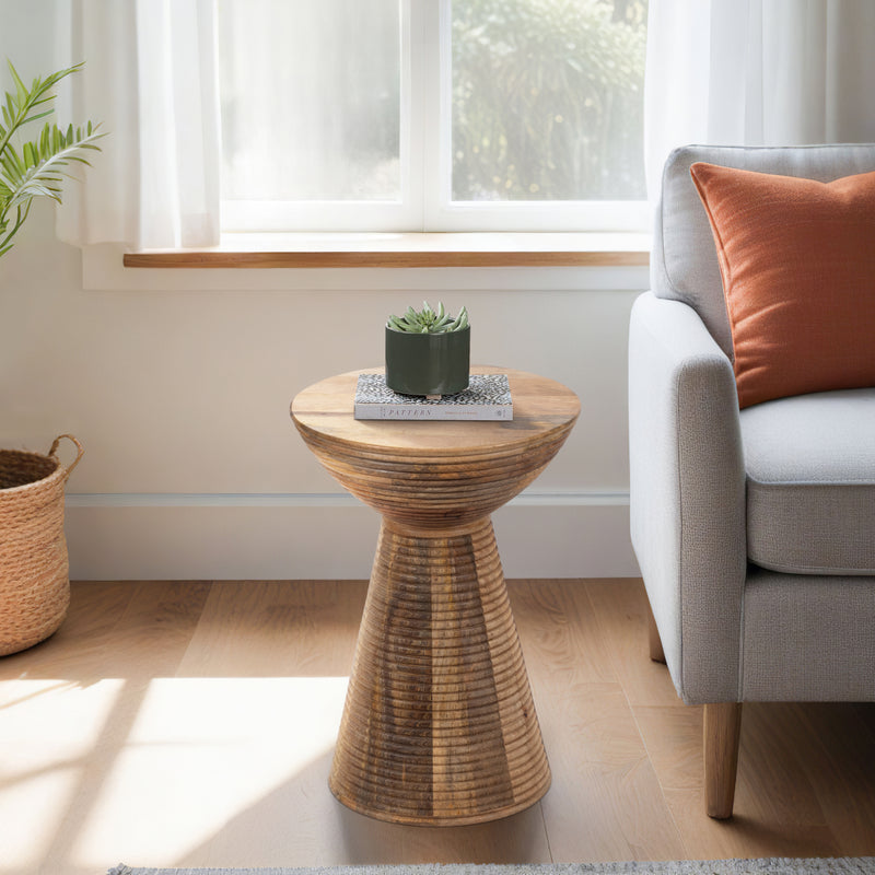 19" Ridged Wood Drum Accent Table, Natural