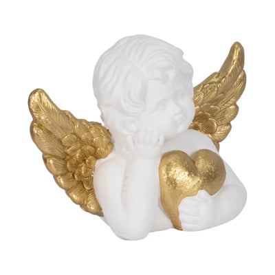 15" Garden Cherub With Heart, White/gold