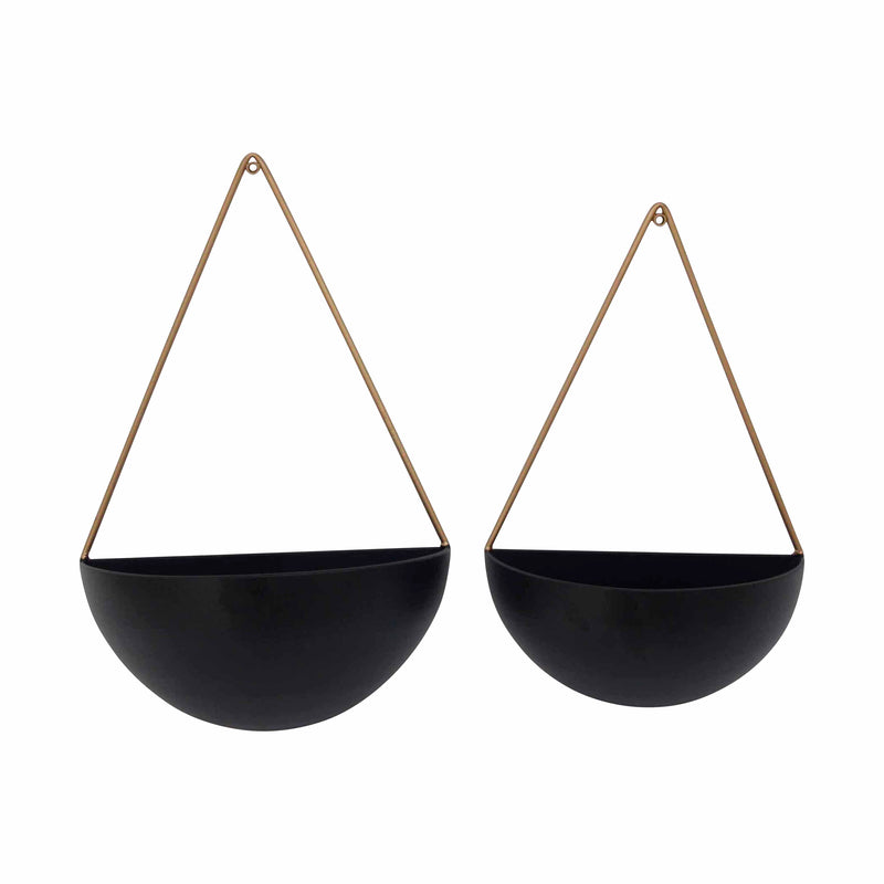 S/2 Metal Half Moon Wall Planters, Black