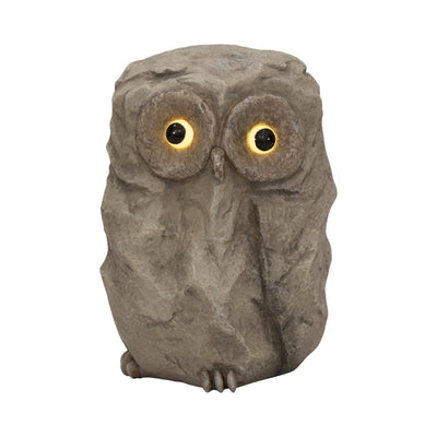 9" Faux Rock Owl With Solar Eyes, Grey