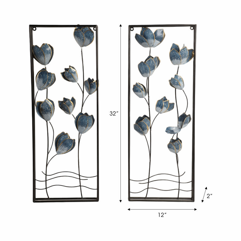 S/2 32" Blooming Flowers Metal Wall Panels, Blue/b