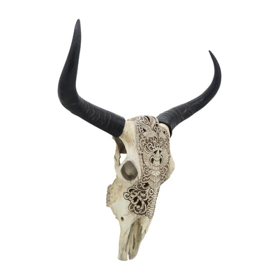 RESIN, 28" BULL SKULL WALL ACCENT, IVORY/BLACK KD