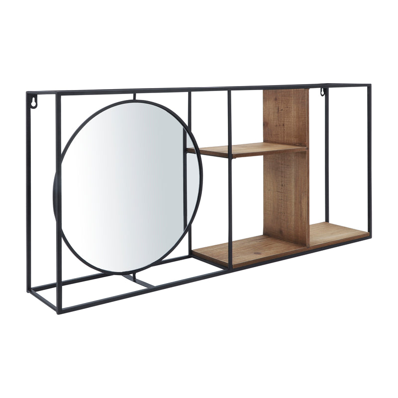 METAL/WOOD 34"L WALL SHELF WITH MIRROR, BLACK/BROW