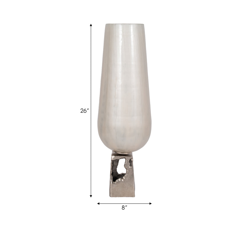 GLASS, 26"H VASE W/ METAL BASE, PERAL WHITE