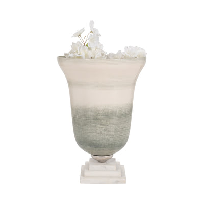 GLASS, 14" VASE ON MARBLE BASE, SAGE/IVORY KD