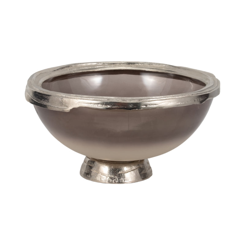 GLASS, 15"D BOWL W/ SILVER BASE, TAUPE NICKEL