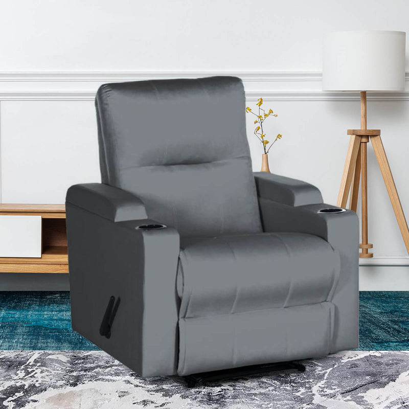 Velvet Rocking & Rotating Cinematic Recliner Chair with Cups Holder - Grey - AB08