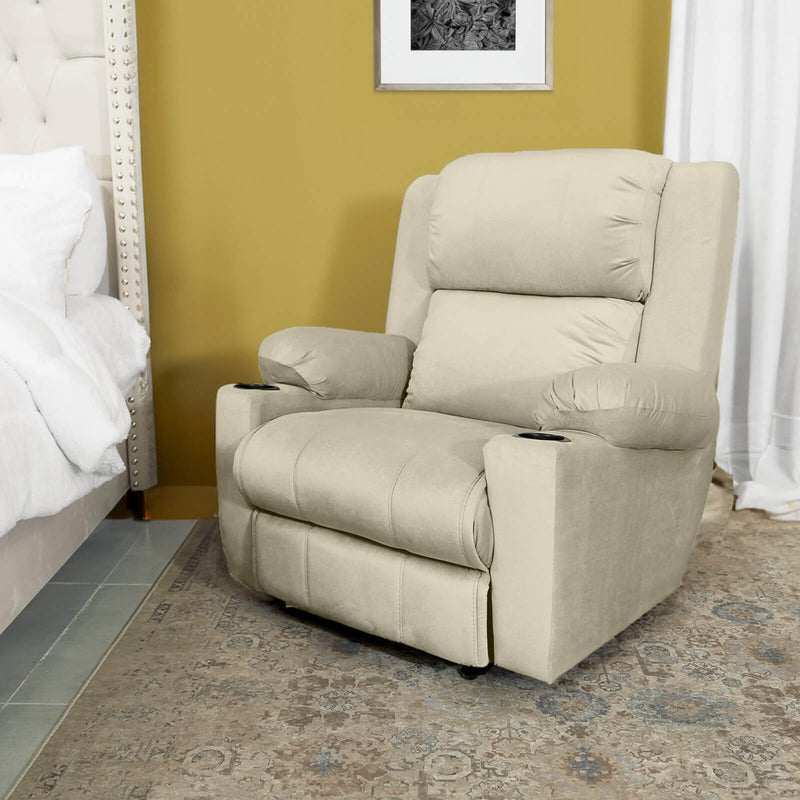 Velvet Rocking Cinematic Recliner Chair with Cups Holder - Light Beige - Lazy Troy