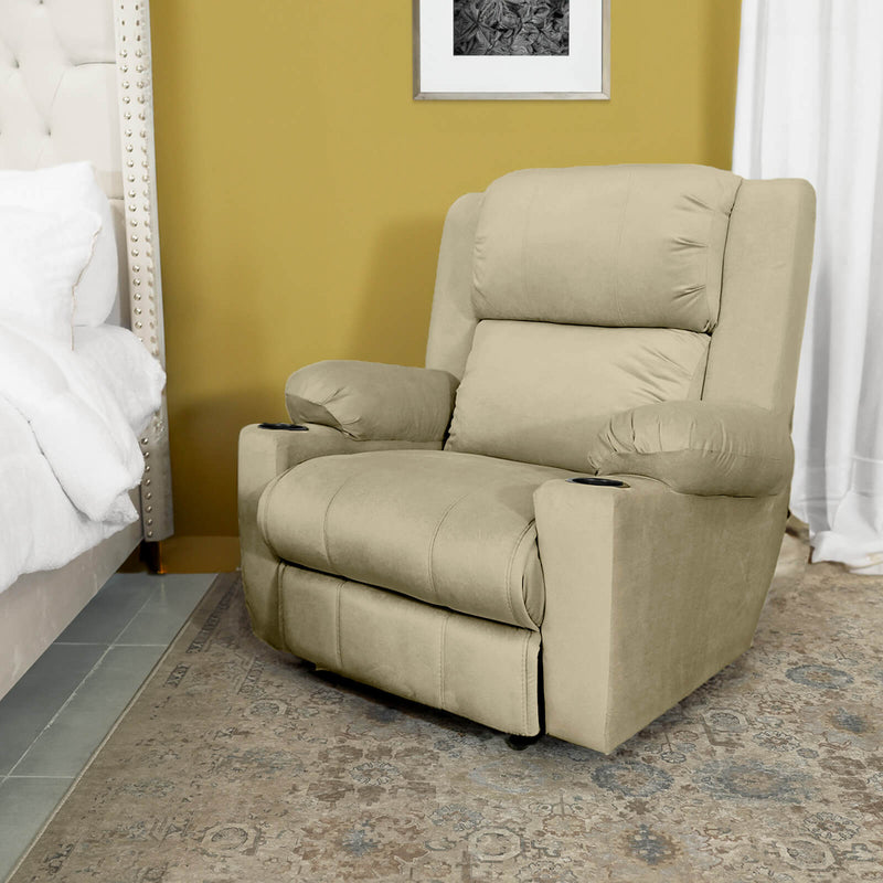 Velvet Rocking & Rotating Cinematic Recliner Chair with Cups Holder - Dark Ivory - Lazy Troy