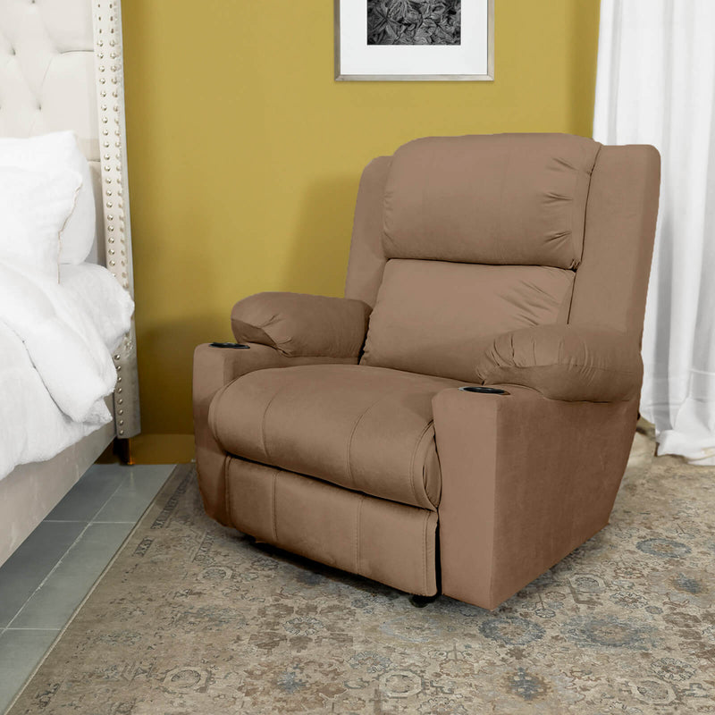 Velvet Rocking & Rotating Cinematic Recliner Chair with Cups Holder - Light Brown - Lazy Troy