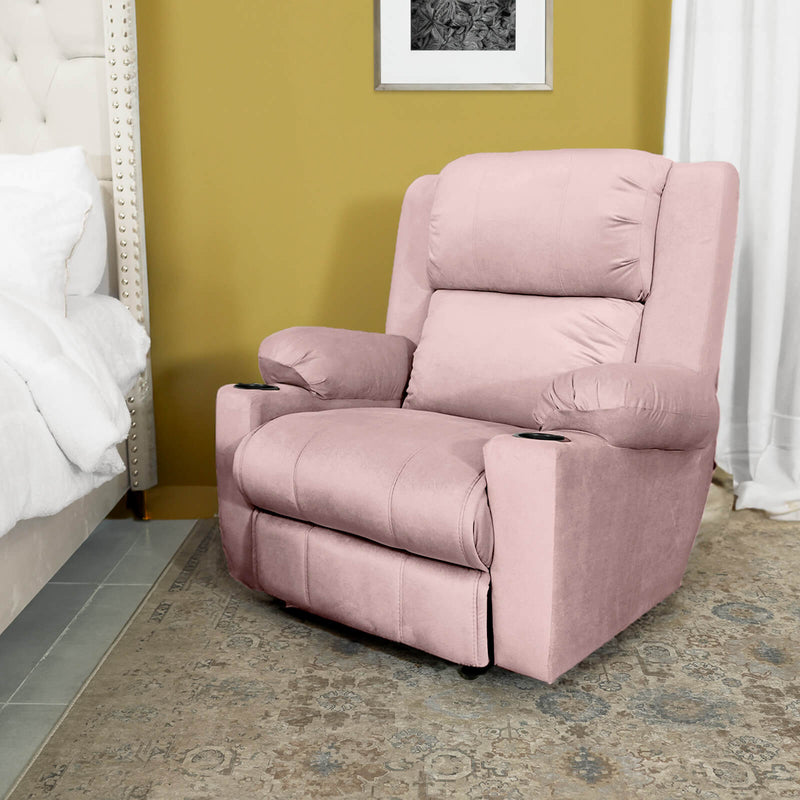 Velvet Rocking Cinematic Recliner Chair with Cups Holder - Light Pink - Lazy Troy