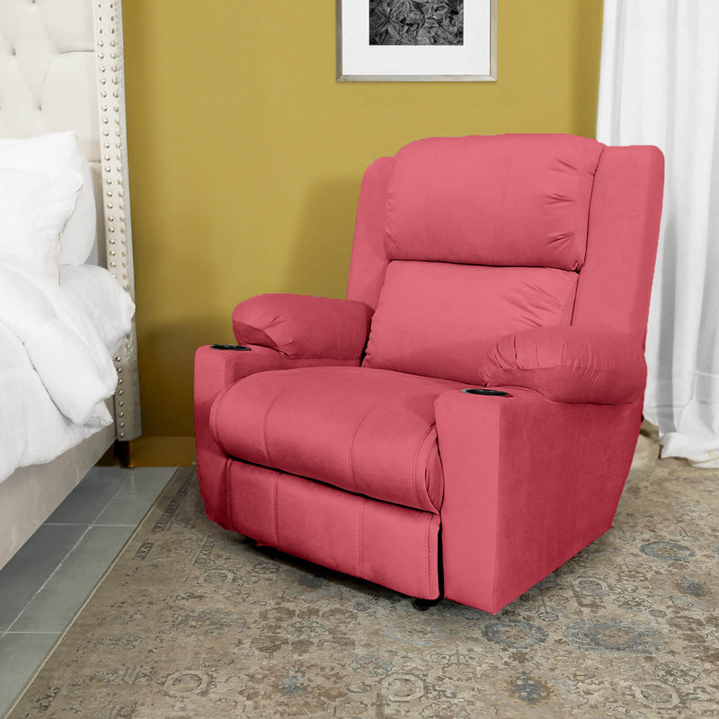 Velvet Rocking & Rotating Cinematic Recliner Chair with Cups Holder - Dark Pink - Lazy Troy