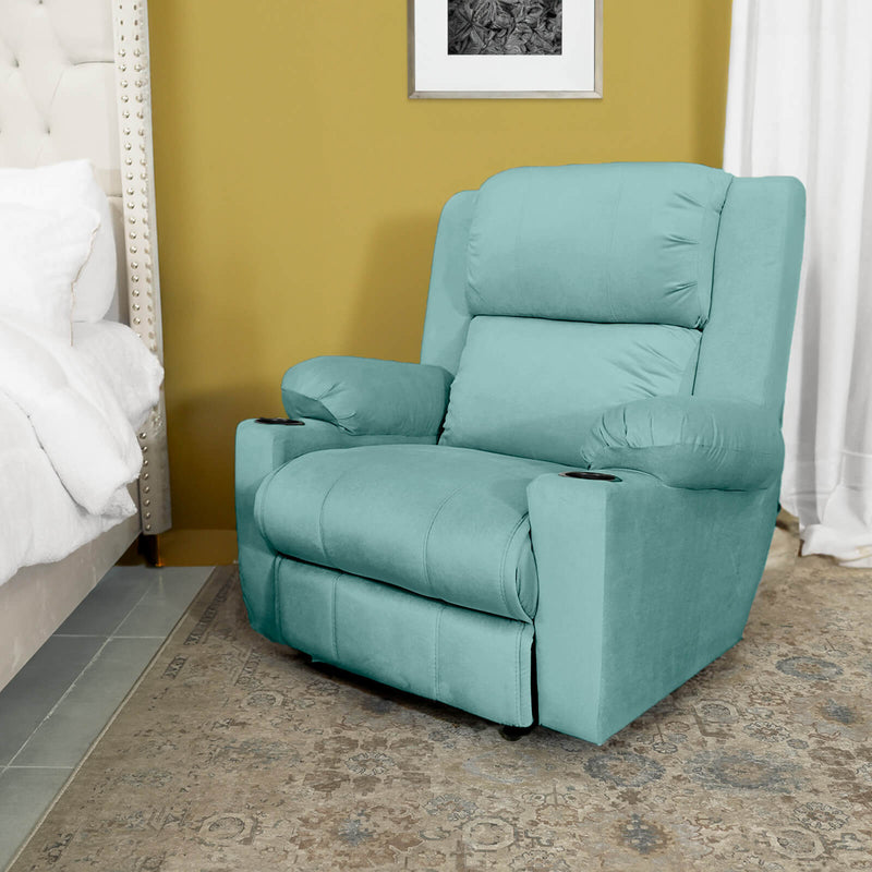 Velvet Rocking Cinematic Recliner Chair with Cups Holder - Light Turquoise - Lazy Troy