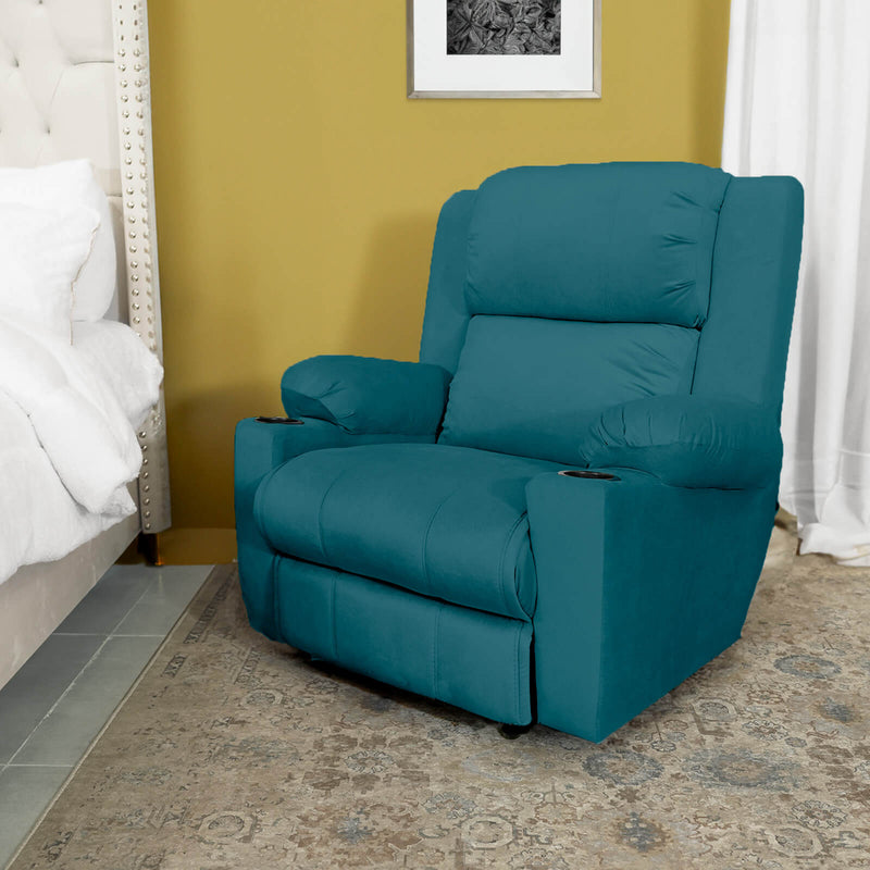 Velvet Rocking Cinematic Recliner Chair with Cups Holder - Dark Turquoise - Lazy Troy