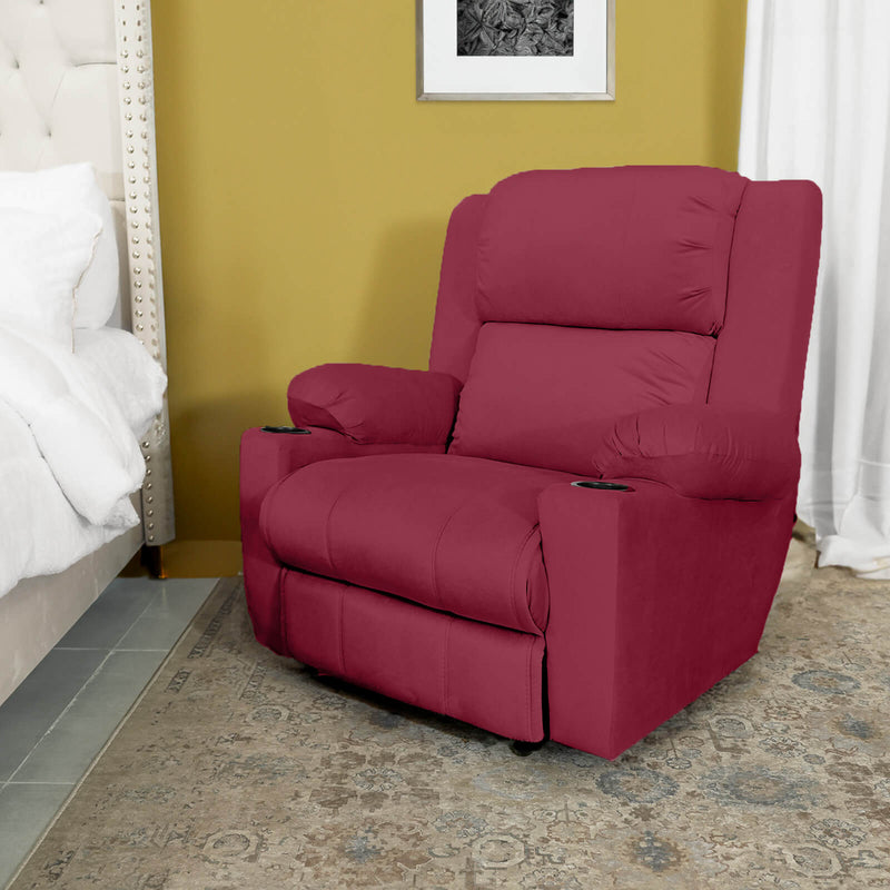 Velvet Rocking & Rotating Cinematic Recliner Chair with Cups Holder - Burgundy - Lazy Troy