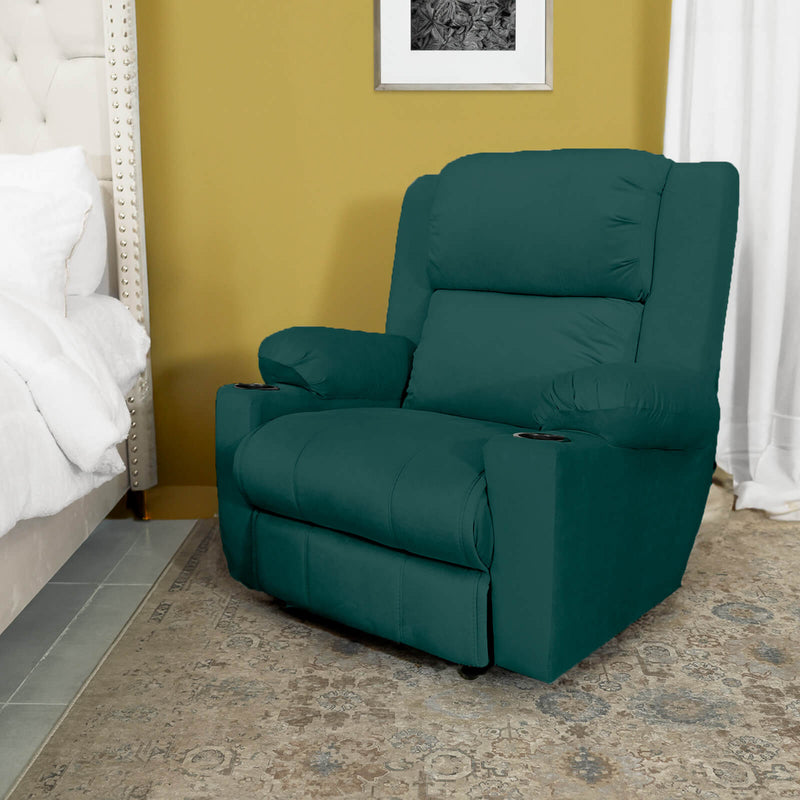 Velvet Rocking & Rotating Cinematic Recliner Chair with Cups Holder - Dark Green - Lazy Troy