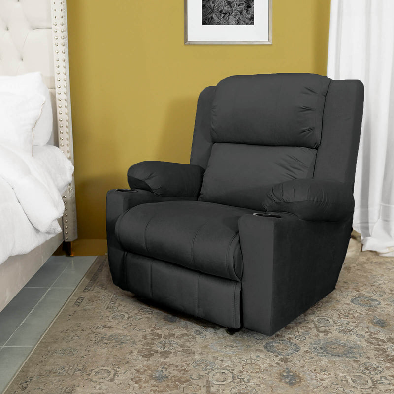 Velvet Rocking Cinematic Recliner Chair with Cups Holder - Black - Lazy Troy