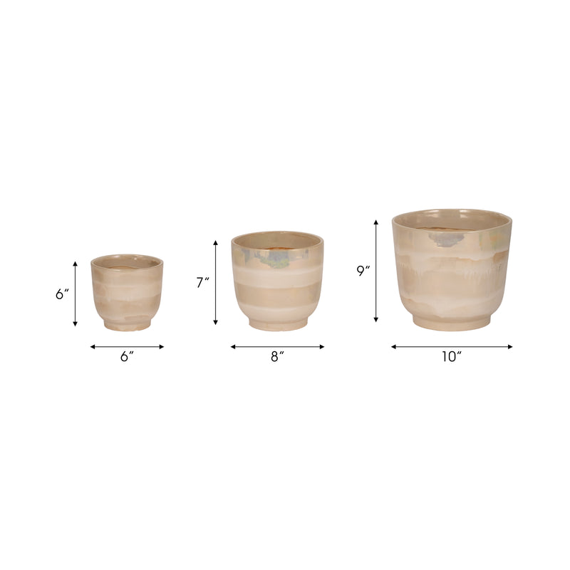 S/3 6/8/10" Reactive Luster Planters, Ivory