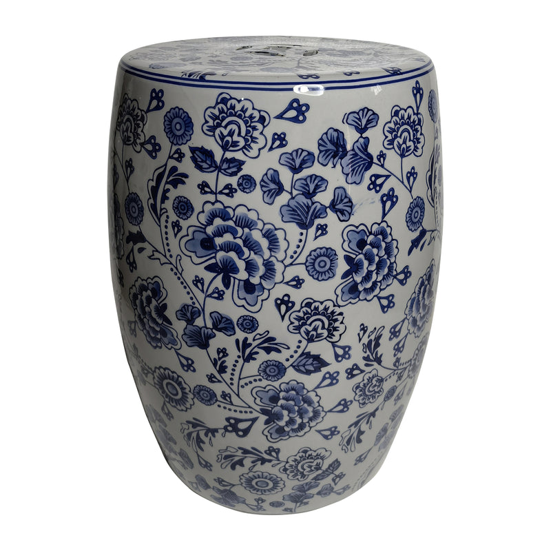 Cer, 18" Hydrangea Chinoiserie Stool, Blue/white