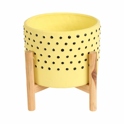 8" DOTTED PLANTER W/ WOOD STAND, YELLOW