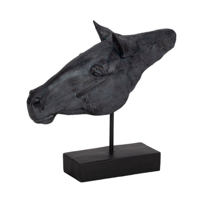 11" Horse Head Sculpture On Stand, Black