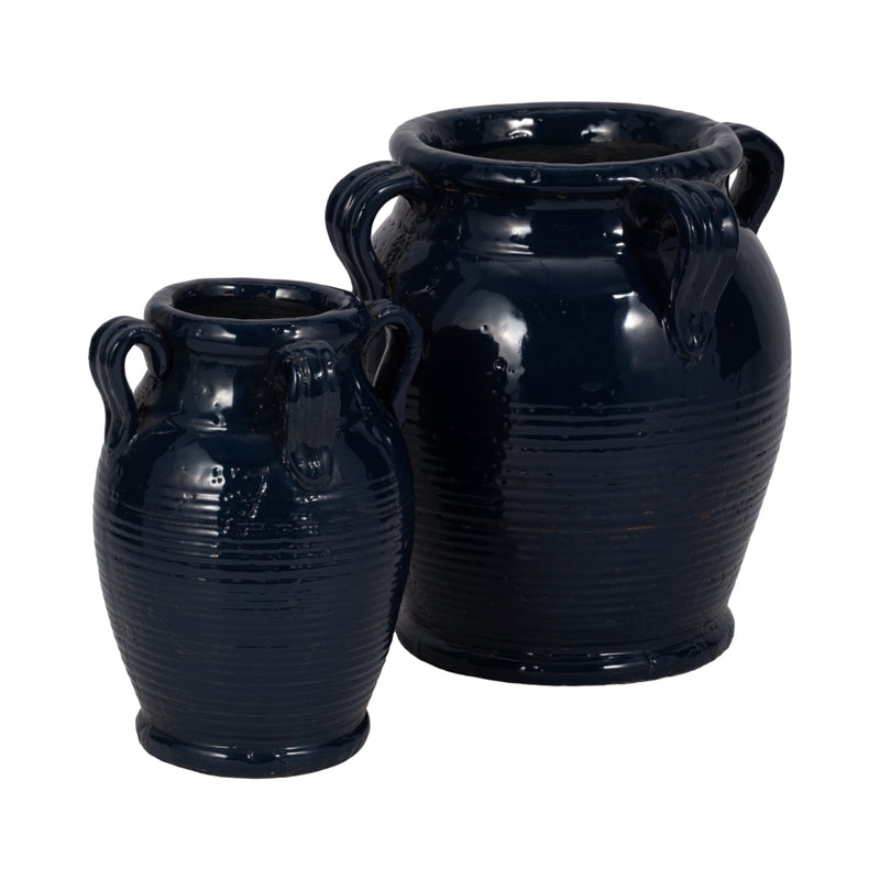 9" Terracotta Vase With Handles, Navy Blue