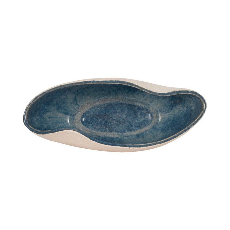 13" Reactive Curvy Oval Bowl, Blue/white