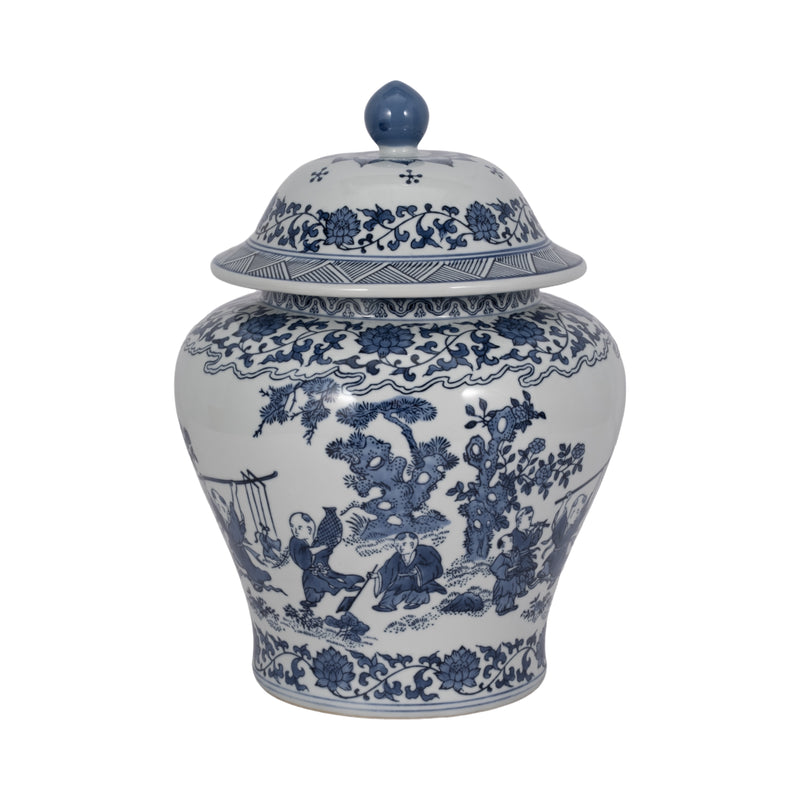 Cer, 15"h Blossoms Temple Jar, Blue