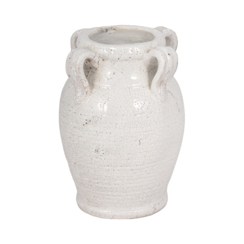 7" Terracotta Vase With Handles, White Crackle