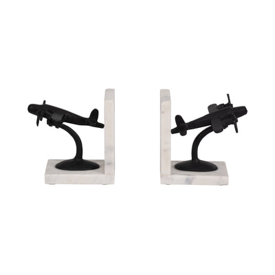 Metal, S/2 6" Airplane Bookends On Marble, Blk/wht