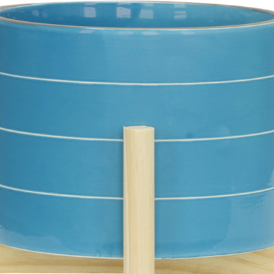 8" STRIPED PLANTER W/ WOOD STAND, SKYBLUE