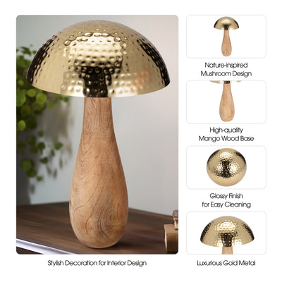 Metal, 20" Mushroom W/ Wood Base, Gold