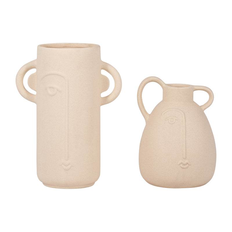 Cer, 10" Face Vase W/ Handles, Ivory