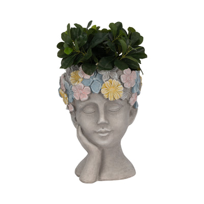 14" Face Planter With Flower Crown, Grey/multi