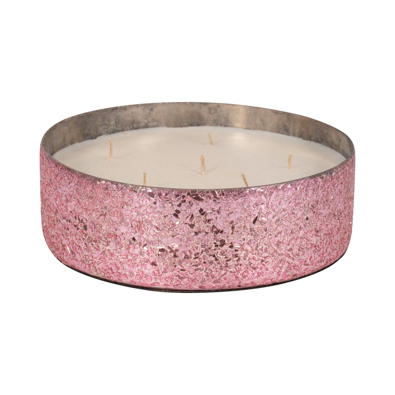 Glass, 8" 49 Oz Crackled Bowl Scented Candle, Pink