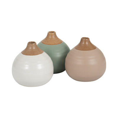 S/3 MATTE BUD VASES, CREME/DRK SAGE/COTTON WHITE