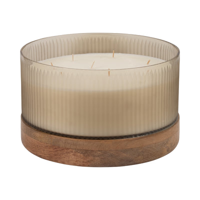 12" 183 Oz Glass Candle W/ Wood Base, Ivory