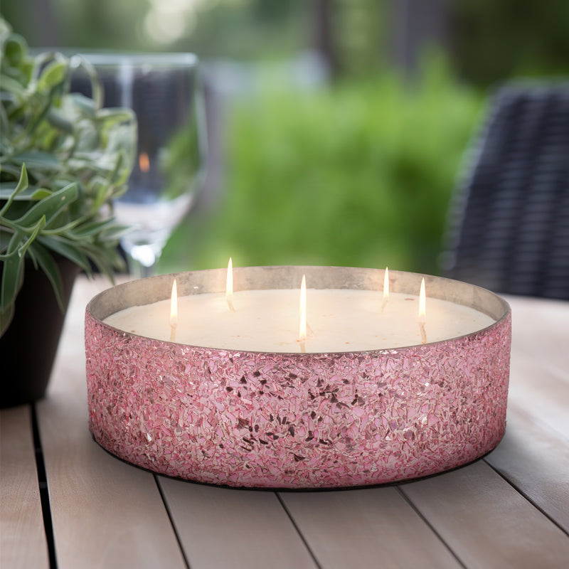 Glass, 8" 49 Oz Crackled Bowl Scented Candle, Pink