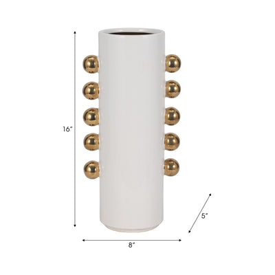 Cer, 16" Vase W/ Side Knobs, White/gold