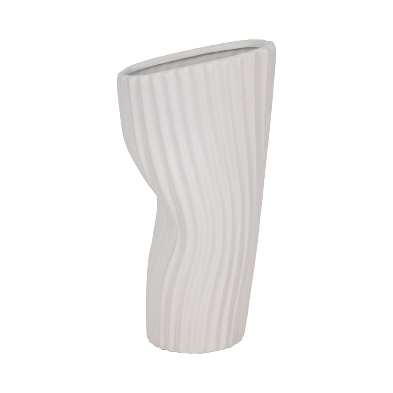 12" Curved Ribbed Vase, White