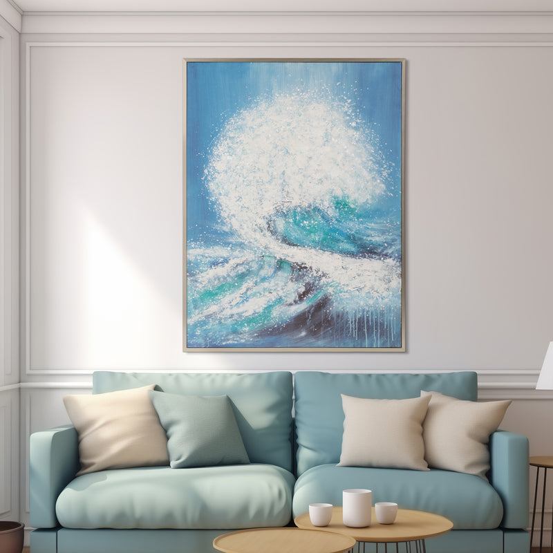 36X48 HANDPAINTED WAVES CANVAS, AQUA