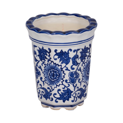 4", 7oz Fluted Chinoiserie Candle , Blue/white