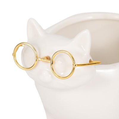 CER, 6" KITTY TRINKET DISH, WHITE/GOLD