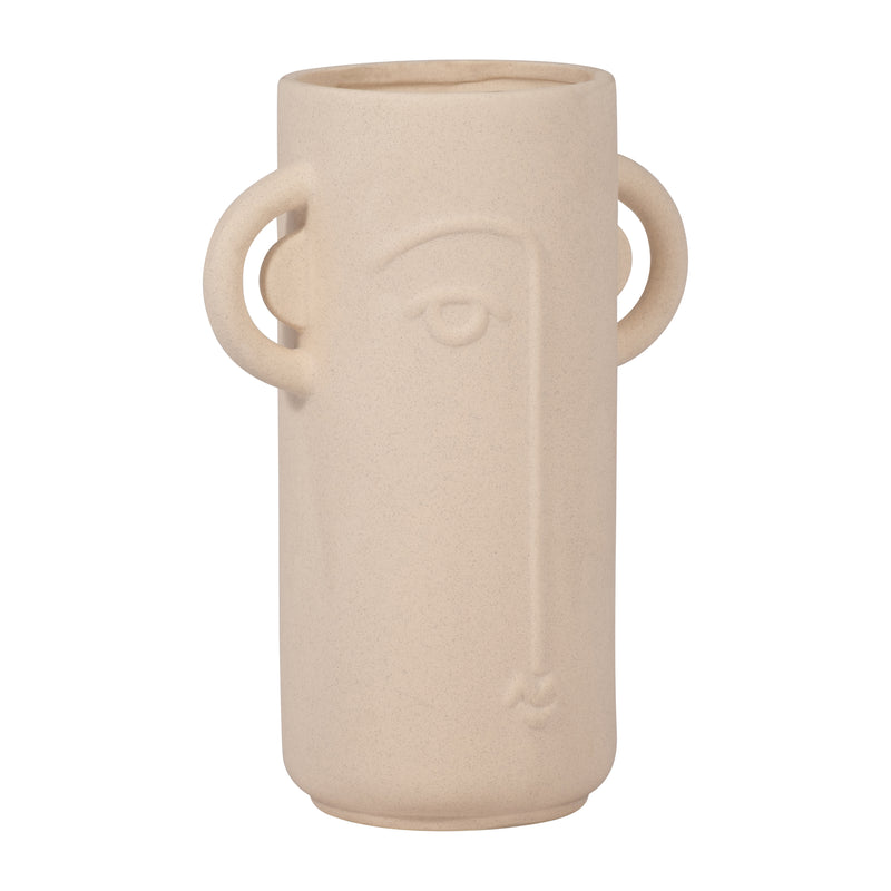 Cer, 10" Face Vase W/ Handles, Ivory