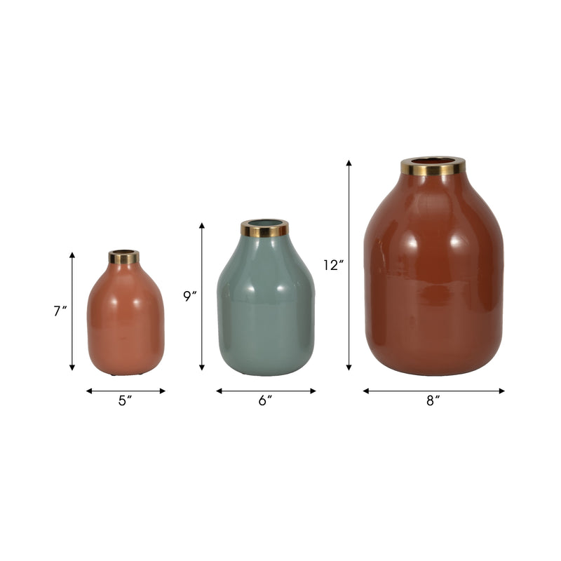 S/3 7/9/12" Jefford Metal Bottle Vases, Terracotta