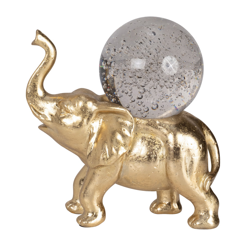 RESIN, 9" ELEPHANT W/ CRYSTAL BALL, GOLD