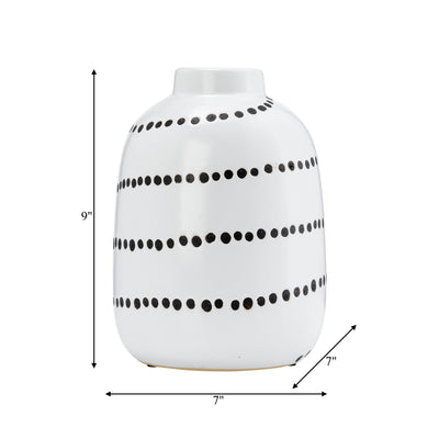 CER, 9"H SPIRAL DOT FLOWER VASE, WHITE/BLACK