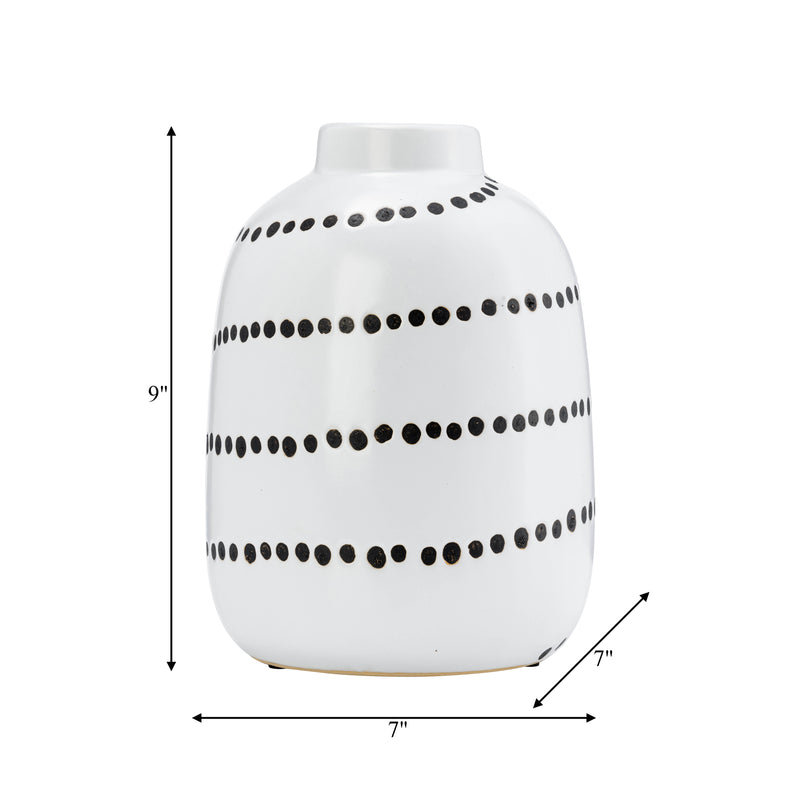 CER, 9"H SPIRAL DOT FLOWER VASE, WHITE/BLACK