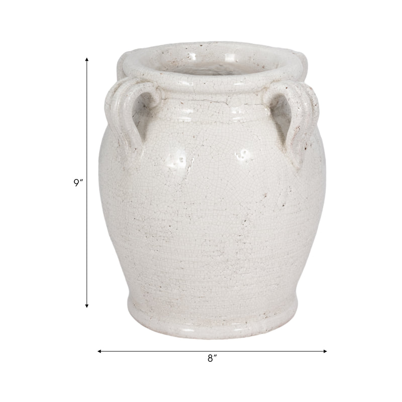 9" Terracotta Vase With Handles, White Crackle