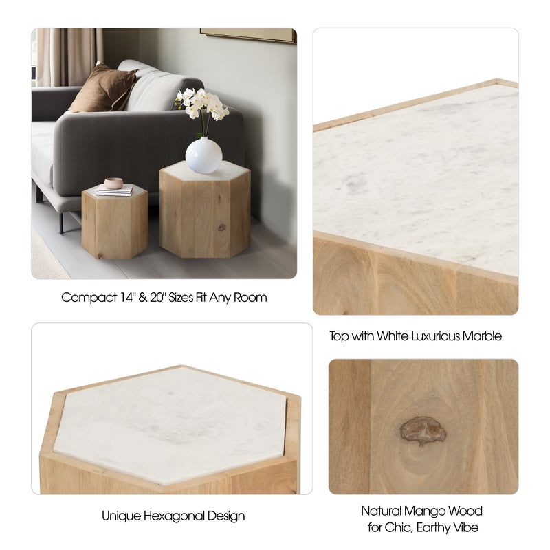 WOOD/MARBLE, S/2 14/20" HEXAGONLA SIDE TABLES, NAT